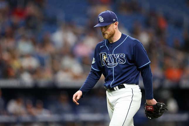 Apr 25, 2023; St. Petersburg, Florida, USA;  Tampa Bay Rays starting pitcher Drew Rasmussen (57) leaves the game against the Houston Astros in the fifth inning at Tropicana Field.