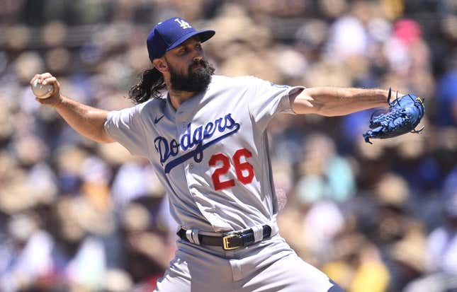 Aug 7, 2023; San Diego, California, USA; Los Angeles Dodgers starting pitcher Tony Gonsolin (26) throws a pitch against the San Diego Padres during the first inning at Petco Park.