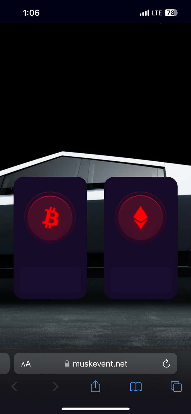 Image for article titled A Bitcoin Scammer Is Hosting a Fake &#39;Mercedes-Benz &amp; Tesla Collaboration&#39; Livestream on YouTube Right Now