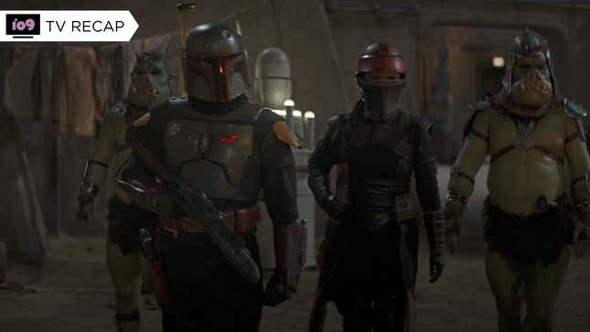 Boba Fett, flanked by Fennec Shand and two Gamorrean Guards, patrol the streets of Tatooine at night.