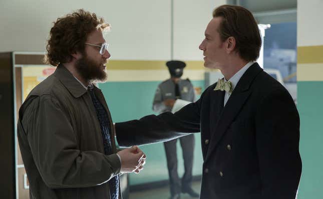 Seth Rogen (left) as Apple co-founder, Steve Wozniak, and Michael Fassbender (right) as Jobs.