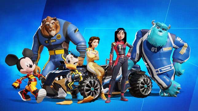 An image shows Mickey Mouse, Donald Duck, Mulan and others together near a kart. 