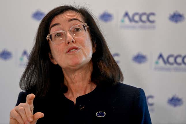 Australian Competition and Consumer Commission Chair Gina Cass-Gottlieb speaks to media during a press conference at the ACCC Office in Sydney, Australia, on June 8, 2022. Australia’s consumer watchdog on Friday, Sept. 1, 2023, called for Qantas Airways to be punished with a record fine for allegedly selling tickets on thousands of flights that had already been canceled. (Bianca De Marchi/AAP Image via AP)
