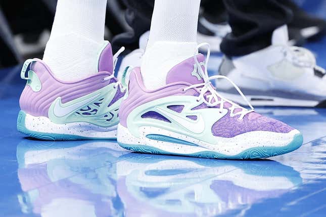 Apr 2, 2023; Oklahoma City, Oklahoma, USA; A close up view of Phoenix Suns forward Kevin Durant (35) shoes before a game against the Oklahoma City Thunder at Paycom Center.