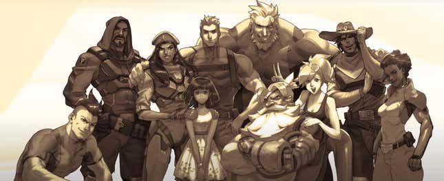 Pharah, Mercy, Reaper, Soldat: 76, Reinhardt, Ana, Torbjorn, Cassidy und Sojourn posieren für ein Foto.