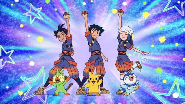 Goh, Ash, and Dawn (along with their Pokémon) are holding up Pokéballs in celebration in the four-episode The Arceus Chronicles series.