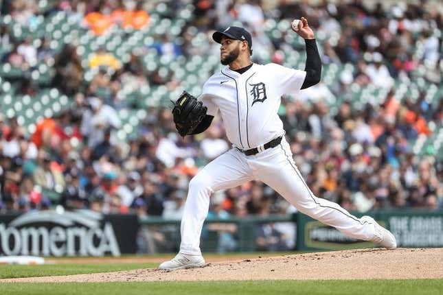 Tigers pitcher Eduardo Rodriguez delivers a pitch against the Mets during the third inning at Comerica Park on Thursday, May 4, 2023.