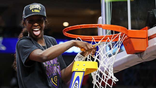 LSU’s Angel Reese cuts down the nets after a whirlwind of a women’s NCAA tournament.
