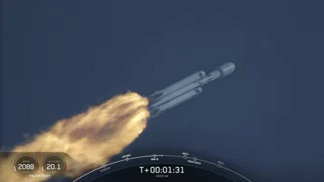 A view of the Falcon Heavy launch some 90 seconds into the mission. 
