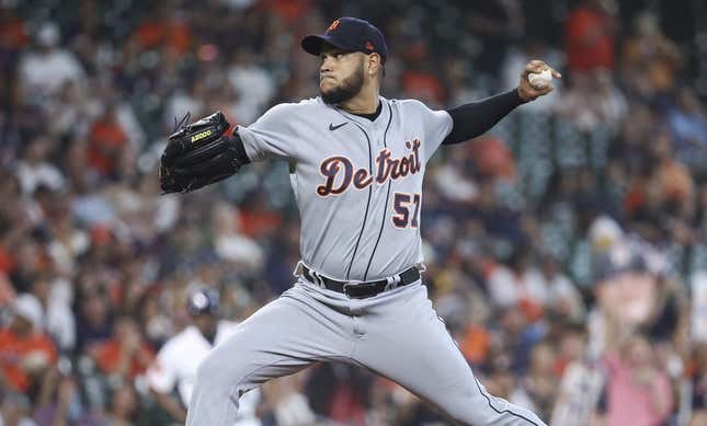 Apr 5, 2023; Houston, Texas, USA; Detroit Tigers starting pitcher Eduardo Rodriguez (57) delivers a pitch during the first inning against the Houston Astros at Minute Maid Park.
