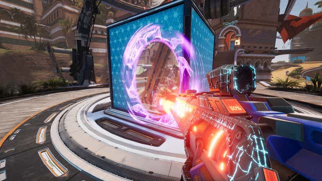 a first person view of a person shooting a gun into a portal in splitgate