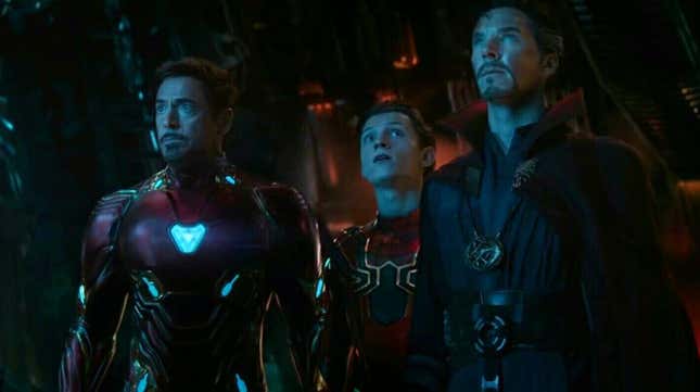 Iron Man, Spider-Man, and Doctor Strange inside Thanos' dark spaceship in Avengers: Infinity War.