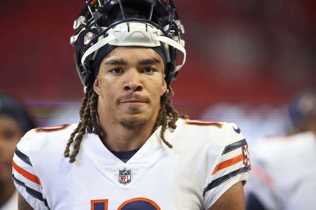 Nov 20, 2022; Atlanta, Georgia, USA; Chicago Bears wide receiver Chase Claypool (10) prepares for a game against the Atlanta Falcons at Mercedes-Benz Stadium.