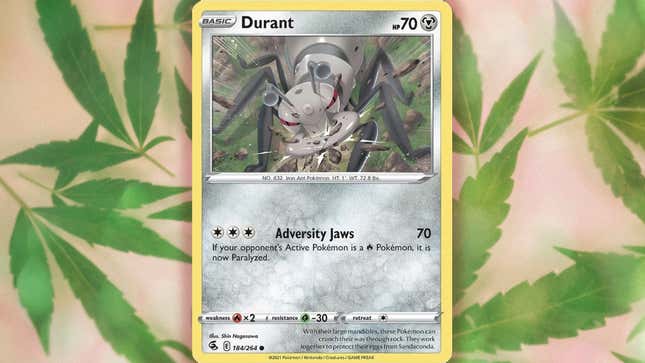 A gray ant-like creature named Durant features on a Pokémon card shown against a pot leaf background.