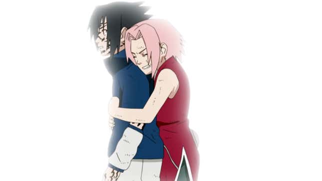 Sakura desperately clings to Sasuke's back, preventing him from attacking an enemy.