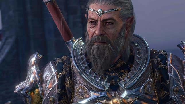 a Baldur's Gate 3 character is wearing ornate armor and looks pensive. 