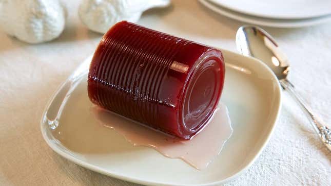 Canned jellied cranberry sauce on Thanksgiving table