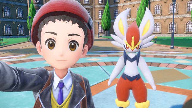A Pokemon trainer is shown taking a selfie with Cinderace standing in the background.