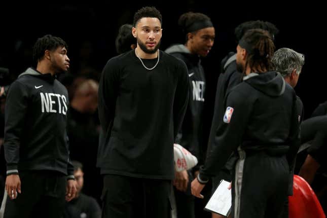 Mar 31, 2023; Brooklyn, New York, USA; Brooklyn Nets injured guard Ben Simmons (10) during a time out during the third quarter against the Atlanta Hawks at Barclays Center.