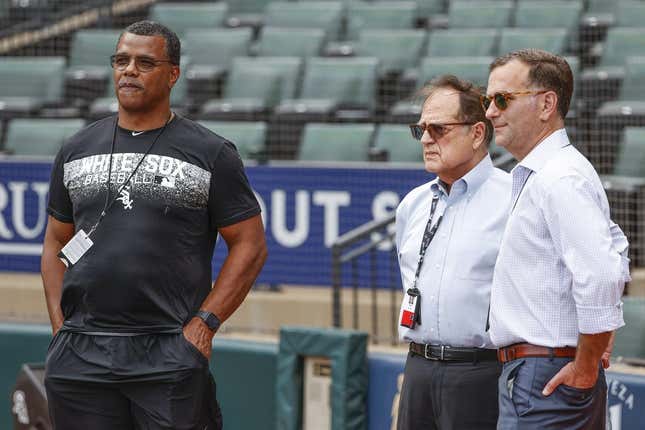 Sep 2, 2022; Chicago, Illinois, USA; Chicago White Sox executive vice president Ken Williams (L) owner Jerry Reinsdorf (C) and general manager Rick Hahn (R) stand on the sidelines before a baseball game against Minnesota Twins at Guaranteed Rate Field.
