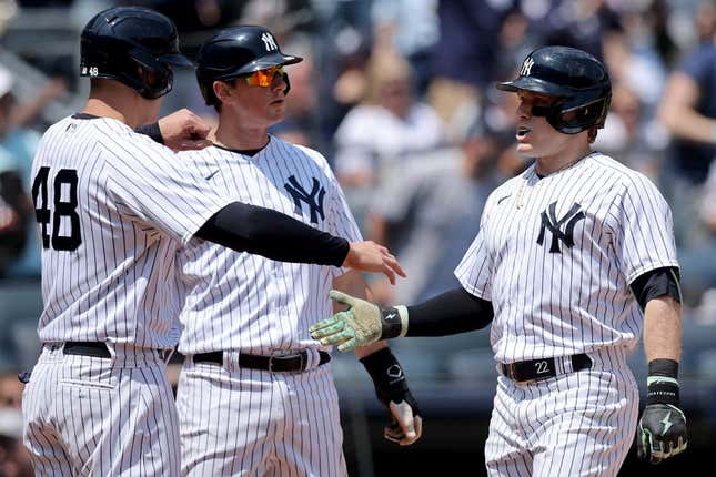 May 10, 2023; Bronx, New York, USA; New York Yankees center fielder Harrison Bader (22) celebrates his three run home run against the Oakland Athletics with first baseman Anthony Rizzo (48) and third baseman DJ LeMahieu (26) during the first inning at Yankee Stadium.