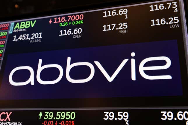 The logo of AbbVie on a stock exchange monitor