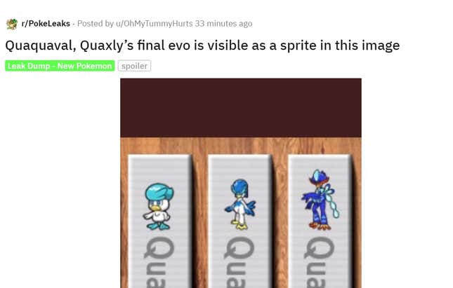 A screenshot shows Quaxley evolution leaks on Reddit.