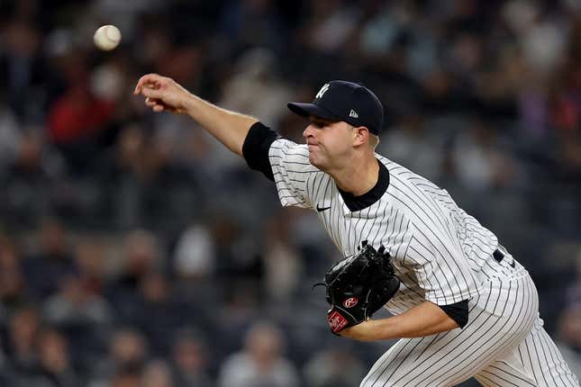 Apr 19, 2023; Bronx, New York, USA; New York Yankees relief pitcher Michael King (34) pitches against the Los Angeles Angels during the fifth inning at Yankee Stadium.