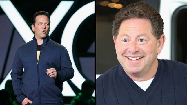 Xbox head Phil Spencer speaking on stage, and a smiling Bobby Kotick.
