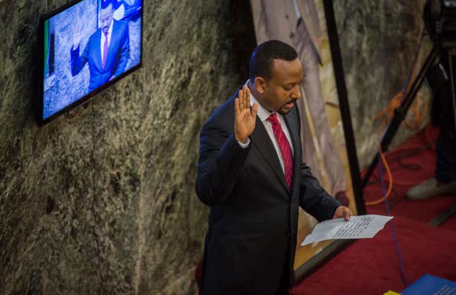 Abiy Ahmed, the newly elected chair of the Ethiopian Peoples' Revolutionary Democratic Front (EPRDF) is sworn in as the country's Prime Minister, Monday, April 2, 2018. Ethiopia's legislature has elected young and outspoken Abiy Amhed as prime minister, amid hopes that he will be able to quell sustained anti-government protests in Africa's second most populous nation.