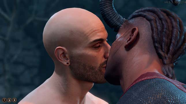 Tav and Wyll are shown kissing.
