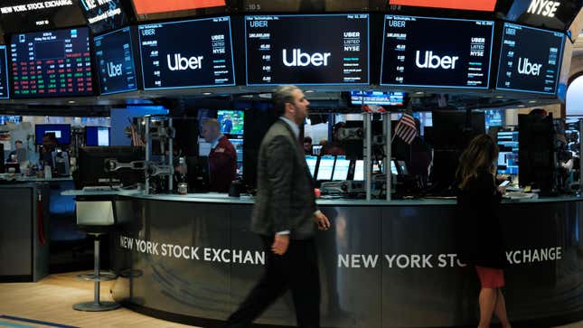 Traders working on the floor at the New York Stock Exchange ahead of Uber's initial public offering in New York City on May 10, 2019.