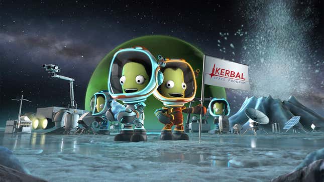 Kerbal astronauts stand on the moon with a flag