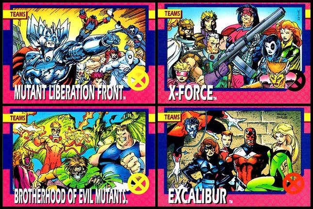 A quartet of classic X-Men trading cards featuring Excalibur, X-Force, the Brotherhood of Evil Mutants, and the Mutant Liberation Front.