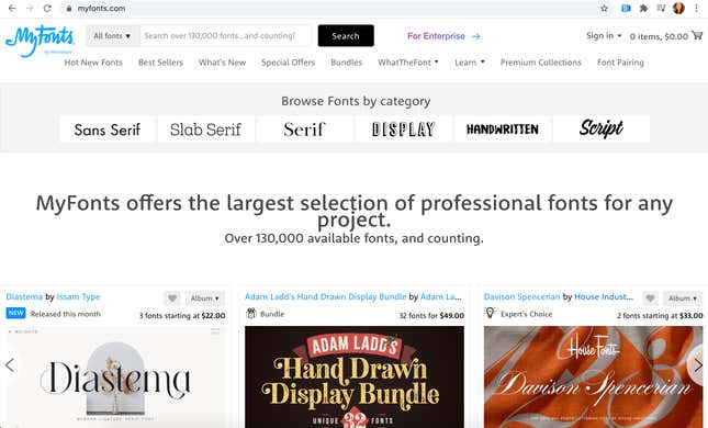 Homepage of MyFonts.com