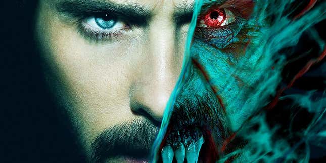 Crop of a Morbius poster showing Jared Leto's Michael Morbius in both in human and vampire forms. 