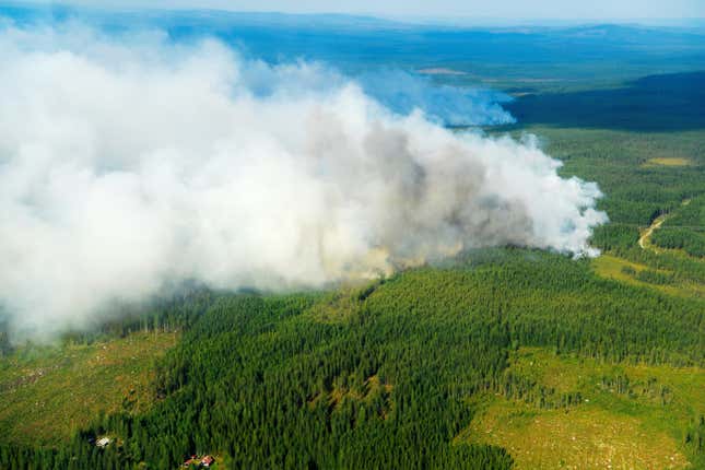 An aerial view of the wildfire outside Ljusdal, Sweden, July 18, 2018.