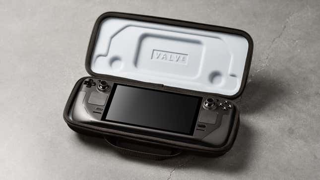 The new Steam Deck handheld in a Valve-branded case.