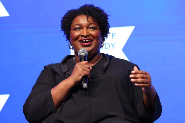 Stacey Abrams speaks onstage during the 2021 Robert F. Kennedy Human Rights Ripple of Hope Award Gala on December 09, 2021 in New York City.