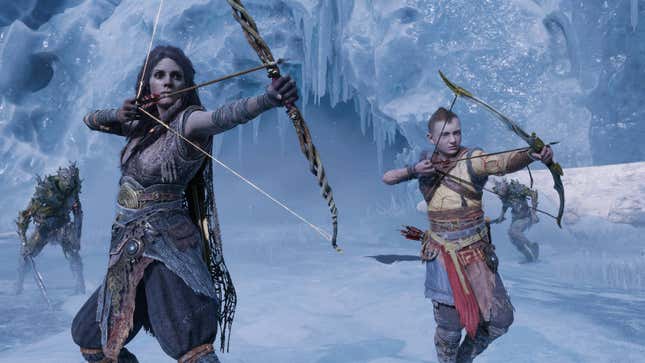 Atreus and Freya point an arrow at an enemy.