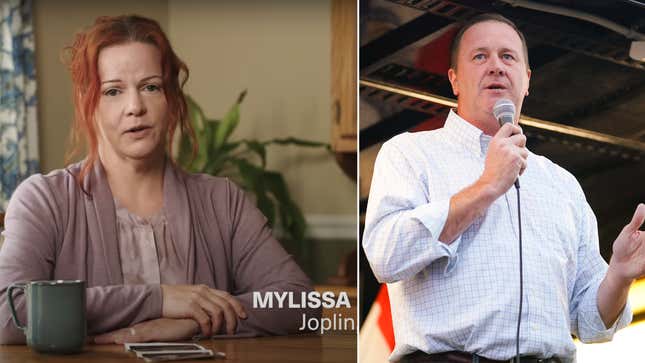 Mylissa Farmer (left) speaks in an ad for Trudy Busch Valentine, condemning Eric Schmitt’s (right) support for abortion bans without exceptions.