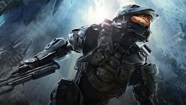 The Master Chief crouching and holding a rifle as seen in Halo 4. 