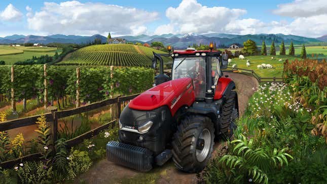 A red tractor parked inside of a huge expanse of green fields and plants. 