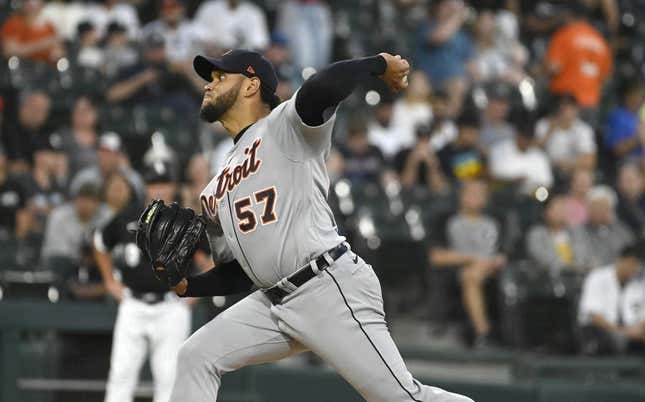 Sep 1, 2023; Chicago, Illinois, USA; Detroit Tigers starting pitcher Eduardo Rodriguez (57) delivers a pitch against the Chicago White Sox during the first inning at Guaranteed Rate Field.