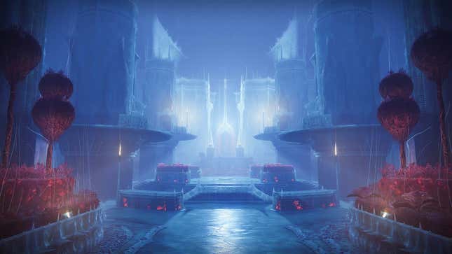 A blue and red hall inside one of the keeps in Savathûn's Throne World.
