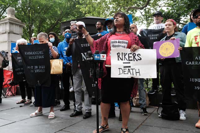 Family members, activists and others hold a rally outside of City Hall to demand that the administration of Mayor Eric Adams do more to address the crisis in living conditions at the Rikers Island Jail on June 23, 2022 in New York City.