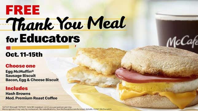 McDonald's Free Teacher Breakfast Ad with Egg McMuffin and Hash Browns