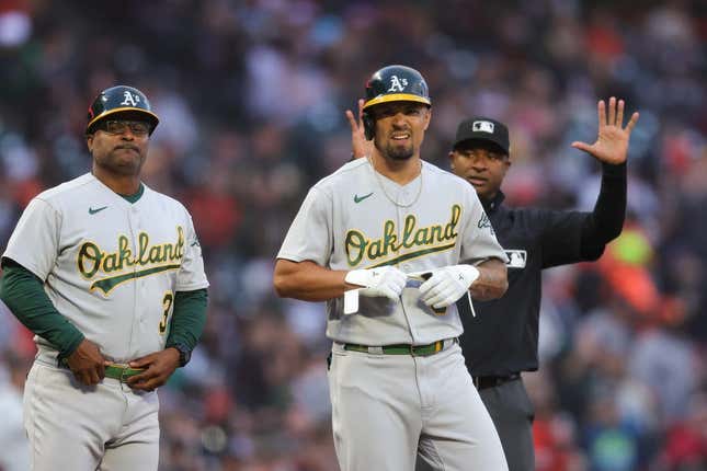 Jul 26, 2023; San Francisco, California, USA;  Oakland Athletics third baseman Jace Peterson (6) hits a two-RBI triple during the fourth inning against the San Francisco Giants at Oracle Park.