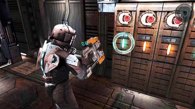 A person in a space suit holds a large futuristic weapon near some brown lockers. 