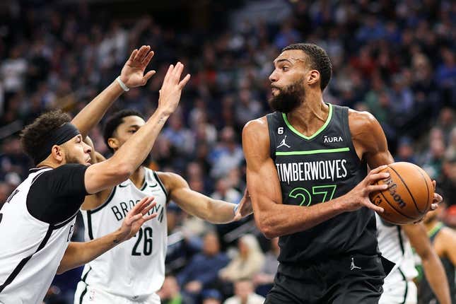Mar 10, 2023; Minneapolis, Minnesota, USA; Minnesota Timberwolves center Rudy Gobert (27) looks to pass against the Brooklyn Nets during the fourth quarter at Target Center.